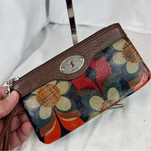Fossil Wristlet Key-Per Vintage Boho Daisy Floral Print Leather Trim 7x4 - Picture 3 of 8
